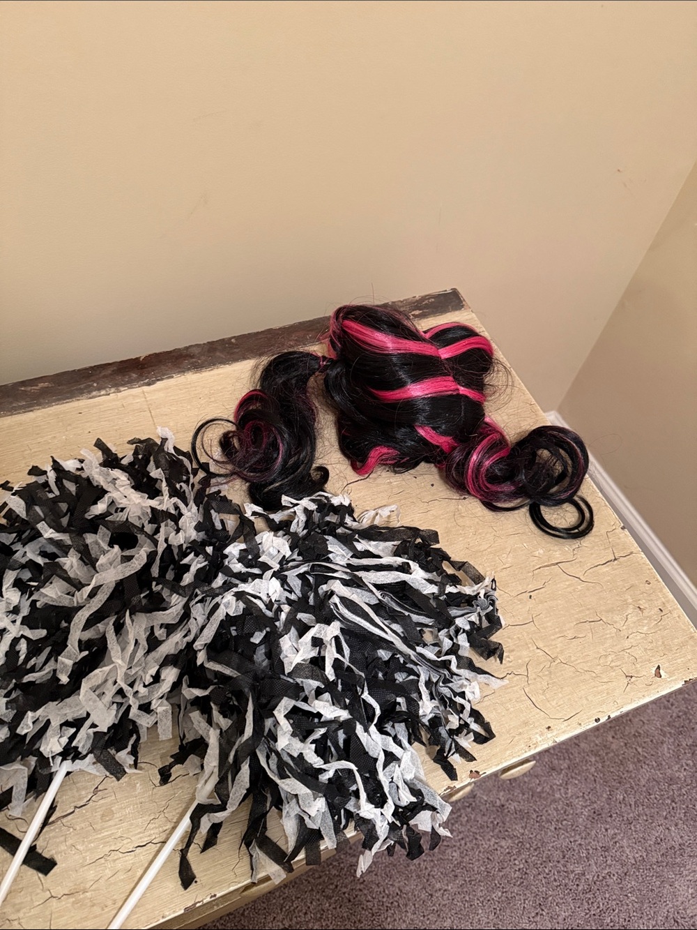 Black and Hot Pink Synthetic Hairpiece with Black/White Pom-Poms - Unbranded
